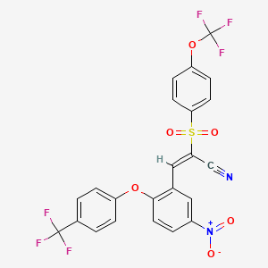 molecular formula C23H12F6N2O6S B2972747 3-(5-Nitro-2-(4-(trifluoromethyl)phenoxy)phenyl)-2-((4-(trifluoromethoxy)phenyl)sulfonyl)prop-2-enenitrile CAS No. 1025628-44-7