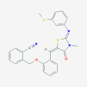 molecular formula C26H21N3O2S2 B297275 2-[(2-{(E)-[(2Z)-3-methyl-2-{[3-(methylsulfanyl)phenyl]imino}-4-oxo-1,3-thiazolidin-5-ylidene]methyl}phenoxy)methyl]benzonitrile 