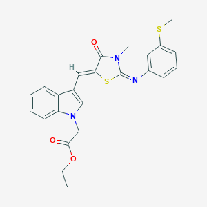 molecular formula C25H25N3O3S2 B297276 ethyl {2-methyl-3-[(3-methyl-2-{[3-(methylsulfanyl)phenyl]imino}-4-oxo-1,3-thiazolidin-5-ylidene)methyl]-1H-indol-1-yl}acetate 