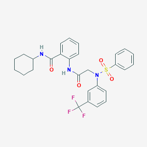 molecular formula C28H28F3N3O4S B297279 N-cyclohexyl-2-({[(phenylsulfonyl)-3-(trifluoromethyl)anilino]acetyl}amino)benzamide 