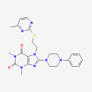molecular formula C24H28N8O2S B2972822 1,3-dimethyl-7-(2-((4-methylpyrimidin-2-yl)thio)ethyl)-8-(4-phenylpiperazin-1-yl)-1H-purine-2,6(3H,7H)-dione CAS No. 850914-78-2