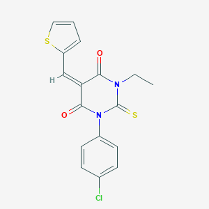 molecular formula C17H13ClN2O2S2 B297285 (5E)-1-(4-chlorophenyl)-3-ethyl-5-(thiophen-2-ylmethylidene)-2-thioxodihydropyrimidine-4,6(1H,5H)-dione 