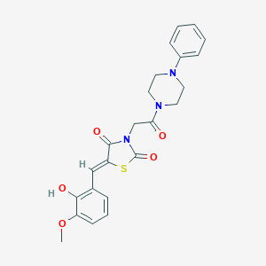 molecular formula C23H23N3O5S B297286 5-(2-Hydroxy-3-methoxybenzylidene)-3-[2-oxo-2-(4-phenyl-1-piperazinyl)ethyl]-1,3-thiazolidine-2,4-dione 