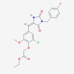 molecular formula C22H20ClFN2O6 B297288 Ethyl (2-chloro-4-{[1-(4-fluorobenzyl)-2,5-dioxoimidazolidin-4-ylidene]methyl}-6-methoxyphenoxy)acetate 