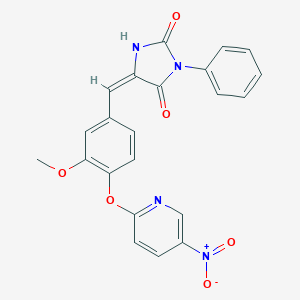 (5E)-5-{3-methoxy-4-[(5-nitropyridin-2-yl)oxy]benzylidene}-3-phenylimidazolidine-2,4-dione