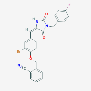 molecular formula C25H17BrFN3O3 B297293 2-[(2-bromo-4-{(E)-[1-(4-fluorobenzyl)-2,5-dioxoimidazolidin-4-ylidene]methyl}phenoxy)methyl]benzonitrile 