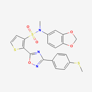 molecular formula C21H17N3O5S3 B2972931 N-(1,3-benzodioxol-5-yl)-N-methyl-2-{3-[4-(methylsulfanyl)phenyl]-1,2,4-oxadiazol-5-yl}thiophene-3-sulfonamide CAS No. 1105196-07-3