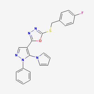 molecular formula C22H16FN5OS B2972969 4-氟苄基 5-[1-苯基-5-(1H-吡咯-1-基)-1H-吡唑-4-基]-1,3,4-恶二唑-2-基硫醚 CAS No. 956573-39-0