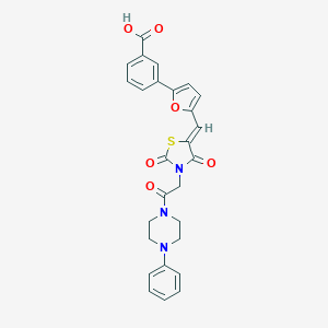 molecular formula C27H23N3O6S B297298 3-[5-[(Z)-[2,4-dioxo-3-[2-oxo-2-(4-phenylpiperazin-1-yl)ethyl]-1,3-thiazolidin-5-ylidene]methyl]furan-2-yl]benzoic acid 