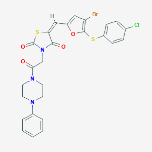 molecular formula C26H21BrClN3O4S2 B297299 (5E)-5-({4-bromo-5-[(4-chlorophenyl)sulfanyl]furan-2-yl}methylidene)-3-[2-oxo-2-(4-phenylpiperazin-1-yl)ethyl]-1,3-thiazolidine-2,4-dione 