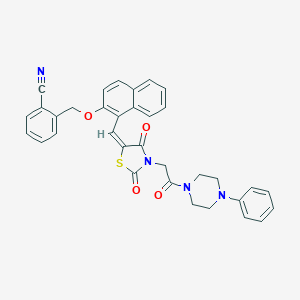 molecular formula C34H28N4O4S B297301 2-[({1-[(E)-{2,4-dioxo-3-[2-oxo-2-(4-phenylpiperazin-1-yl)ethyl]-1,3-thiazolidin-5-ylidene}methyl]naphthalen-2-yl}oxy)methyl]benzonitrile 