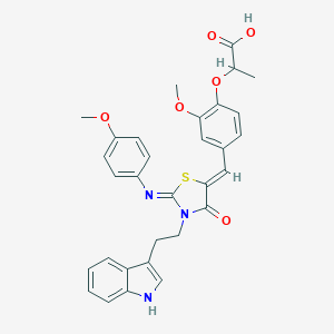 molecular formula C31H29N3O6S B297306 2-[4-({3-[2-(1H-indol-3-yl)ethyl]-2-[(4-methoxyphenyl)imino]-4-oxo-1,3-thiazolidin-5-ylidene}methyl)-2-methoxyphenoxy]propanoic acid 