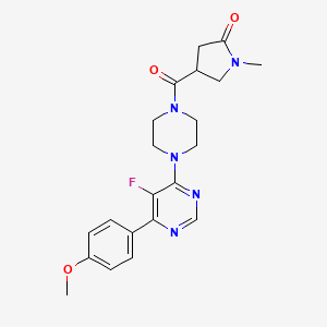 molecular formula C21H24FN5O3 B2973143 4-[4-[5-Fluoro-6-(4-methoxyphenyl)pyrimidin-4-yl]piperazine-1-carbonyl]-1-methylpyrrolidin-2-one CAS No. 2380140-68-9