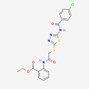 molecular formula C20H17ClN4O4S2 B2973149 2-(2-((5-(4-氯苯甲酰氨基)-1,3,4-噻二唑-2-基)硫代)乙酰氨基)苯甲酸乙酯 CAS No. 896022-05-2
