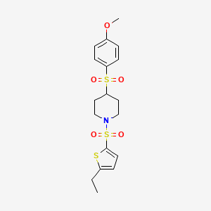 molecular formula C18H23NO5S3 B2973254 1-((5-Ethylthiophen-2-yl)sulfonyl)-4-((4-methoxyphenyl)sulfonyl)piperidine CAS No. 1448031-09-1