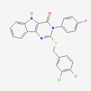 molecular formula C23H14Cl2FN3OS B2973280 2-[(3,4-dichlorophenyl)methylsulfanyl]-3-(4-fluorophenyl)-5H-pyrimido[5,4-b]indol-4-one CAS No. 536712-38-6