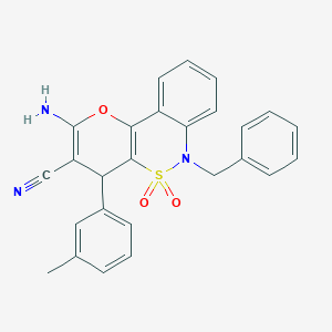 molecular formula C26H21N3O3S B2973282 2-Amino-6-benzyl-4-(3-methylphenyl)-4,6-dihydropyrano[3,2-c][2,1]benzothiazine-3-carbonitrile 5,5-dioxide CAS No. 893288-99-8