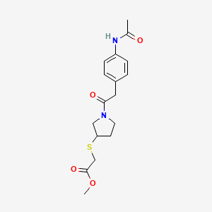 molecular formula C17H22N2O4S B2973308 Methyl 2-((1-(2-(4-acetamidophenyl)acetyl)pyrrolidin-3-yl)thio)acetate CAS No. 2034527-52-9