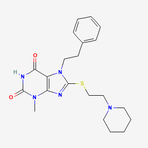 molecular formula C21H27N5O2S B2973348 3-methyl-7-(2-phenylethyl)-8-{[2-(piperidin-1-yl)ethyl]sulfanyl}-3,7-dihydro-1H-purine-2,6-dione CAS No. 335403-20-8