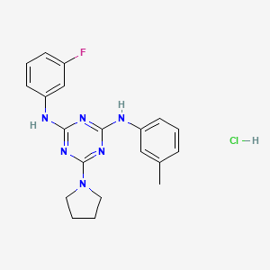 molecular formula C20H22ClFN6 B2973400 N2-(3-fluorophenyl)-6-(pyrrolidin-1-yl)-N4-(m-tolyl)-1,3,5-triazine-2,4-diamine hydrochloride CAS No. 1179381-42-0