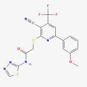 molecular formula C18H12F3N5O2S2 B2973419 2-[3-cyano-6-(3-methoxyphenyl)-4-(trifluoromethyl)pyridin-2-yl]sulfanyl-N-(1,3,4-thiadiazol-2-yl)acetamide CAS No. 625378-18-9