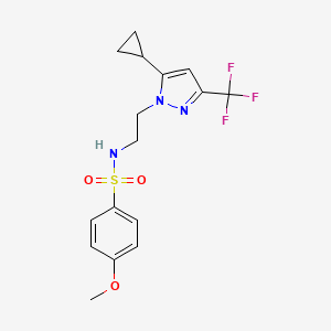 molecular formula C16H18F3N3O3S B2973454 N-(2-(5-cyclopropyl-3-(trifluoromethyl)-1H-pyrazol-1-yl)ethyl)-4-methoxybenzenesulfonamide CAS No. 1797666-12-6