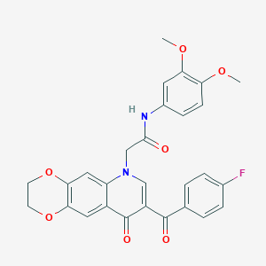 molecular formula C28H23FN2O7 B2973483 N-(3,4-二甲氧基苯基)-2-[8-(4-氟苯甲酰)-9-氧代-2,3-二氢-[1,4]二噁烷[2,3-g]喹啉-6-基]乙酰胺 CAS No. 866864-64-4