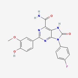 molecular formula C19H14FN5O4 B2973501 9-(4-fluorophenyl)-2-(4-hydroxy-3-methoxyphenyl)-8-oxo-8,9-dihydro-7H-purine-6-carboxamide CAS No. 869068-79-1