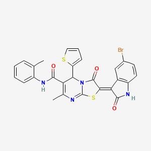 molecular formula C27H19BrN4O3S2 B2973504 (Z)-2-(5-溴-2-氧代吲哚-3-基亚甲基)-7-甲基-3-氧代-5-(噻吩-2-基)-N-(邻甲苯基)-3,5-二氢-2H-噻唑并[3,2-a]嘧啶-6-基甲酰胺 CAS No. 627038-86-2