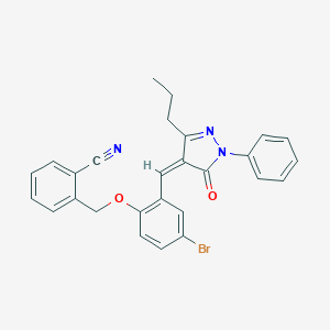molecular formula C27H22BrN3O2 B297351 2-({4-bromo-2-[(5-oxo-1-phenyl-3-propyl-1,5-dihydro-4H-pyrazol-4-ylidene)methyl]phenoxy}methyl)benzonitrile 