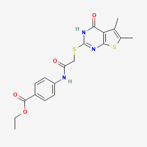 molecular formula C19H19N3O4S2 B2973519 ethyl 4-[[2-[(5,6-dimethyl-4-oxo-3H-thieno[2,3-d]pyrimidin-2-yl)sulfanyl]acetyl]amino]benzoate CAS No. 494826-16-3