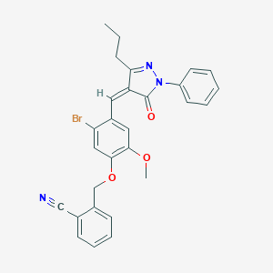 molecular formula C28H24BrN3O3 B297352 2-({5-bromo-2-methoxy-4-[(5-oxo-1-phenyl-3-propyl-1,5-dihydro-4H-pyrazol-4-ylidene)methyl]phenoxy}methyl)benzonitrile 