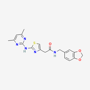 molecular formula C19H19N5O3S B2973527 N-(benzo[d][1,3]dioxol-5-ylmethyl)-2-(2-((4,6-dimethylpyrimidin-2-yl)amino)thiazol-4-yl)acetamide CAS No. 1251684-84-0