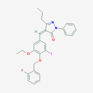 molecular formula C28H26FIN2O3 B297354 4-{3-ethoxy-4-[(2-fluorobenzyl)oxy]-5-iodobenzylidene}-2-phenyl-5-propyl-2,4-dihydro-3H-pyrazol-3-one 