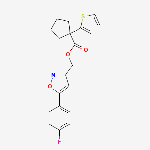 molecular formula C20H18FNO3S B2973557 (5-(4-Fluorophenyl)isoxazol-3-yl)methyl 1-(thiophen-2-yl)cyclopentanecarboxylate CAS No. 1207045-91-7