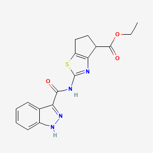 molecular formula C17H16N4O3S B2973586 ethyl 2-(1H-indazole-3-carboxamido)-5,6-dihydro-4H-cyclopenta[d]thiazole-4-carboxylate CAS No. 1219904-41-2