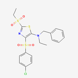 molecular formula C20H21ClN2O4S3 B2973611 N-benzyl-4-((4-chlorophenyl)sulfonyl)-N-ethyl-2-(ethylsulfonyl)thiazol-5-amine CAS No. 863449-97-2