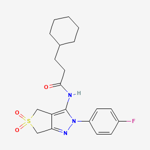 molecular formula C20H24FN3O3S B2973624 3-cyclohexyl-N-[2-(4-fluorophenyl)-5,5-dioxido-2,6-dihydro-4H-thieno[3,4-c]pyrazol-3-yl]propanamide CAS No. 450336-79-5