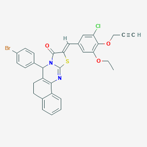 molecular formula C32H24BrClN2O3S B297364 (14Z)-11-(4-bromophenyl)-14-[(3-chloro-5-ethoxy-4-prop-2-ynoxyphenyl)methylidene]-15-thia-12,17-diazatetracyclo[8.7.0.02,7.012,16]heptadeca-1(10),2,4,6,16-pentaen-13-one 