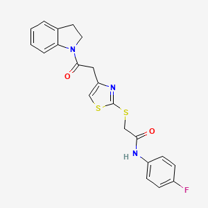molecular formula C21H18FN3O2S2 B2973652 N-(4-氟苯基)-2-((4-(2-(吲哚啉-1-基)-2-氧代乙基)噻唑-2-基)硫基)乙酰胺 CAS No. 941980-65-0