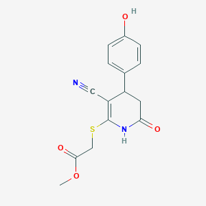 molecular formula C15H14N2O4S B2973676 Methyl {[3-cyano-4-(4-hydroxyphenyl)-6-oxo-1,4,5,6-tetrahydropyridin-2-yl]sulfanyl}acetate CAS No. 264254-96-8