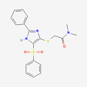 molecular formula C19H19N3O3S2 B2973718 N,N-dimethyl-2-((2-phenyl-4-(phenylsulfonyl)-1H-imidazol-5-yl)thio)acetamide CAS No. 1021106-09-1