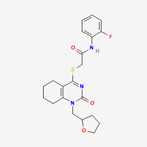 molecular formula C21H24FN3O3S B2973770 N-(2-fluorophenyl)-2-((2-oxo-1-((tetrahydrofuran-2-yl)methyl)-1,2,5,6,7,8-hexahydroquinazolin-4-yl)thio)acetamide CAS No. 899951-79-2
