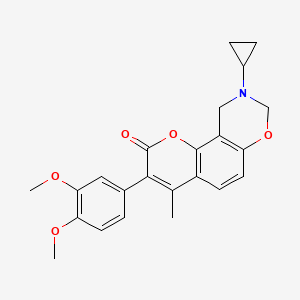 molecular formula C23H23NO5 B2973786 9-cyclopropyl-3-(3,4-dimethoxyphenyl)-4-methyl-9,10-dihydrochromeno[8,7-e][1,3]oxazin-2(8H)-one CAS No. 951945-26-9