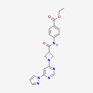 molecular formula C20H20N6O3 B2973789 ethyl 4-(1-(6-(1H-pyrazol-1-yl)pyrimidin-4-yl)azetidine-3-carboxamido)benzoate CAS No. 2034360-56-8