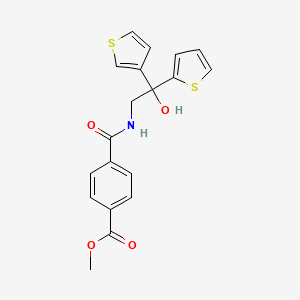 molecular formula C19H17NO4S2 B2973812 Methyl 4-((2-hydroxy-2-(thiophen-2-yl)-2-(thiophen-3-yl)ethyl)carbamoyl)benzoate CAS No. 2097920-56-2