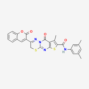 molecular formula C27H20N4O4S2 B2973819 N-(3,5-二甲基苯基)-8-甲基-9-氧代-2-(2-氧代-2H-香豆素-3-基)-3,9-二氢噻吩并[2',3':4,5]嘧啶并[2,1-b][1,3,4]噻二嗪-7-羧酰胺 CAS No. 866589-36-8