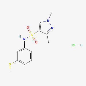 molecular formula C12H16ClN3O2S2 B2973875 1,3-dimethyl-N-(3-(methylthio)phenyl)-1H-pyrazole-4-sulfonamide hydrochloride CAS No. 1219220-85-5
