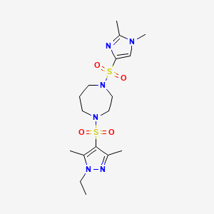 molecular formula C17H28N6O4S2 B2973889 1-((1,2-dimethyl-1H-imidazol-4-yl)sulfonyl)-4-((1-ethyl-3,5-dimethyl-1H-pyrazol-4-yl)sulfonyl)-1,4-diazepane CAS No. 1904153-88-3