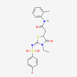 molecular formula C20H20FN3O4S2 B2973948 (E)-2-(3-ethyl-2-(((4-fluorophenyl)sulfonyl)imino)-4-oxothiazolidin-5-yl)-N-(o-tolyl)acetamide CAS No. 867042-02-2